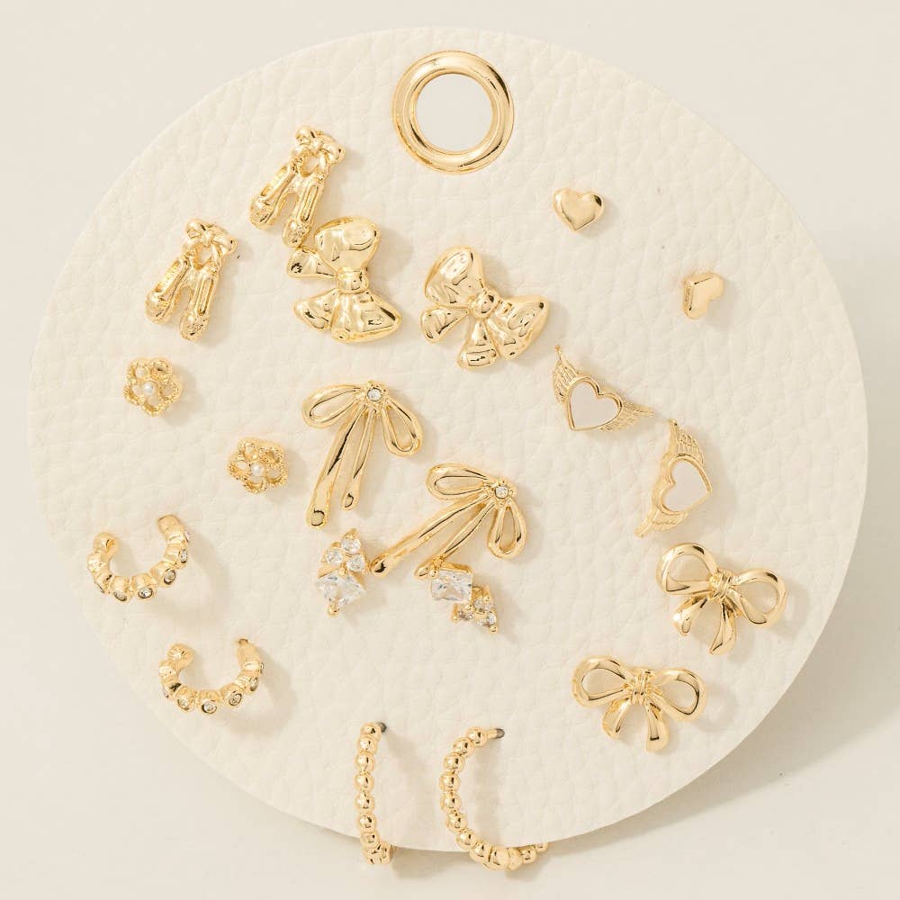 10 Piece Mixed Ribbon Bows Stud And Hoop Earrings Set: Gold
