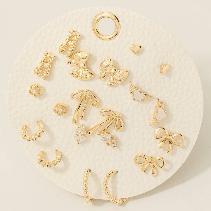 10 Piece Mixed Ribbon Bows Stud And Hoop Earrings Set: Gold