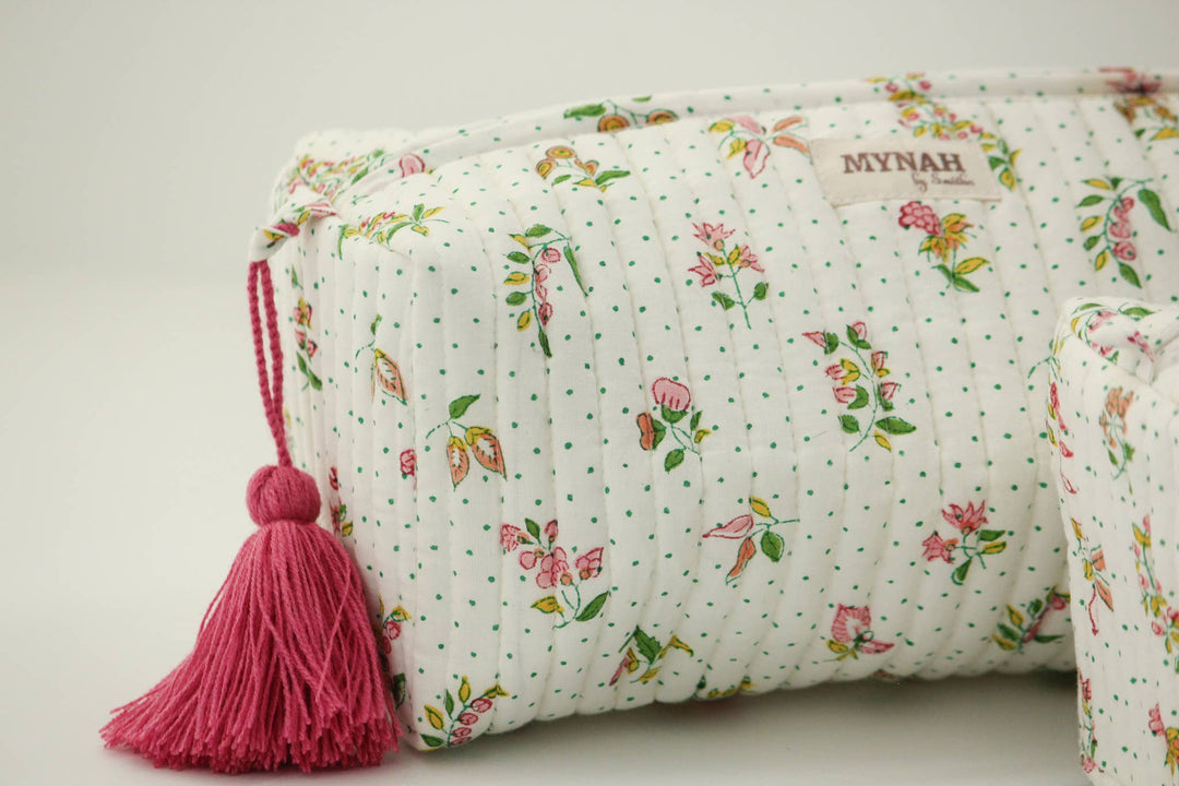 Quilted block print floral travel cosmetic bag