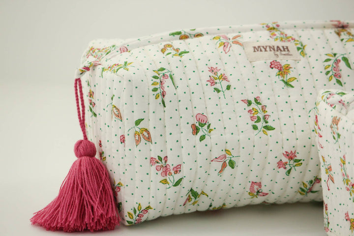 Quilted block print floral travel cosmetic bag