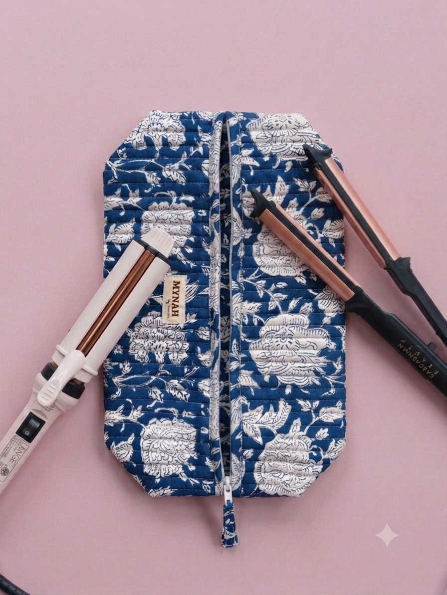 Mynah Hand-Block Printed Quilted Hair Tool Bag/Dyson travel