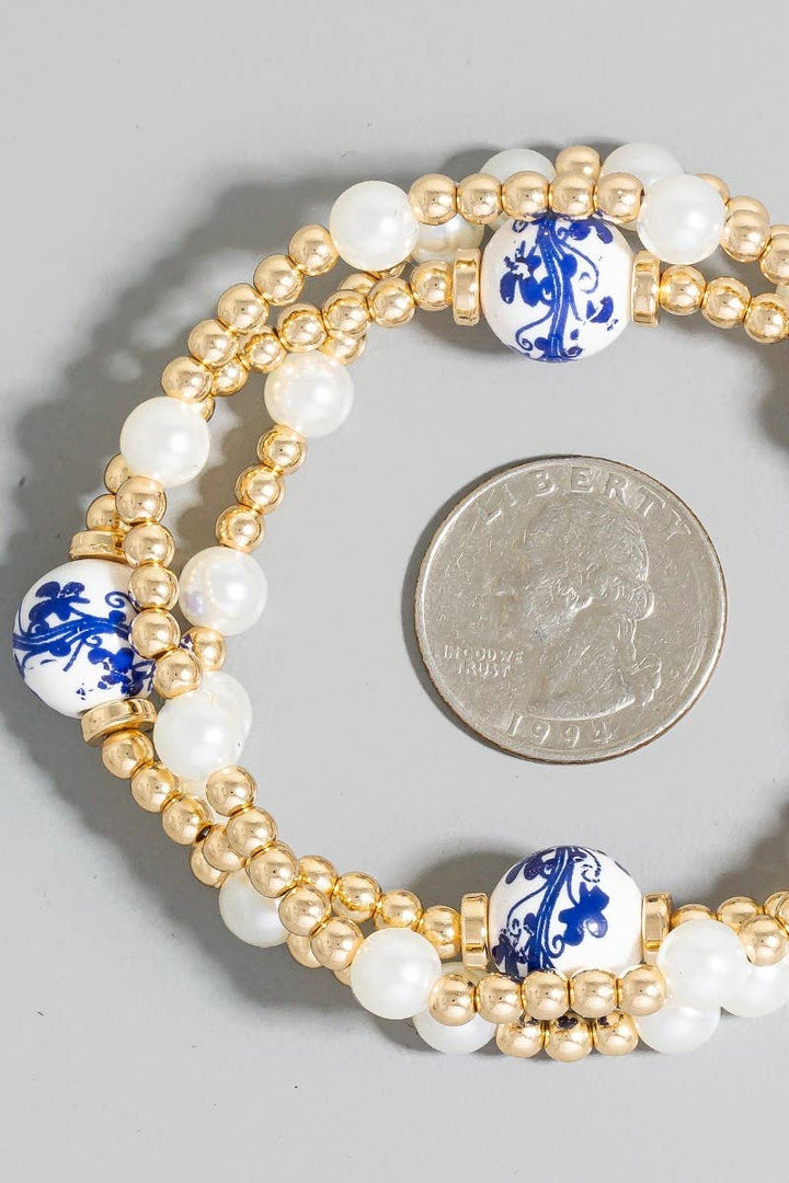 Floral Ceramic And Pearl Beaded Bracelet Set: Gold