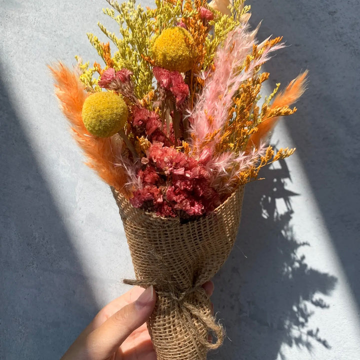 Assorted Vibrant Dried Flowers Burlap Bouquet