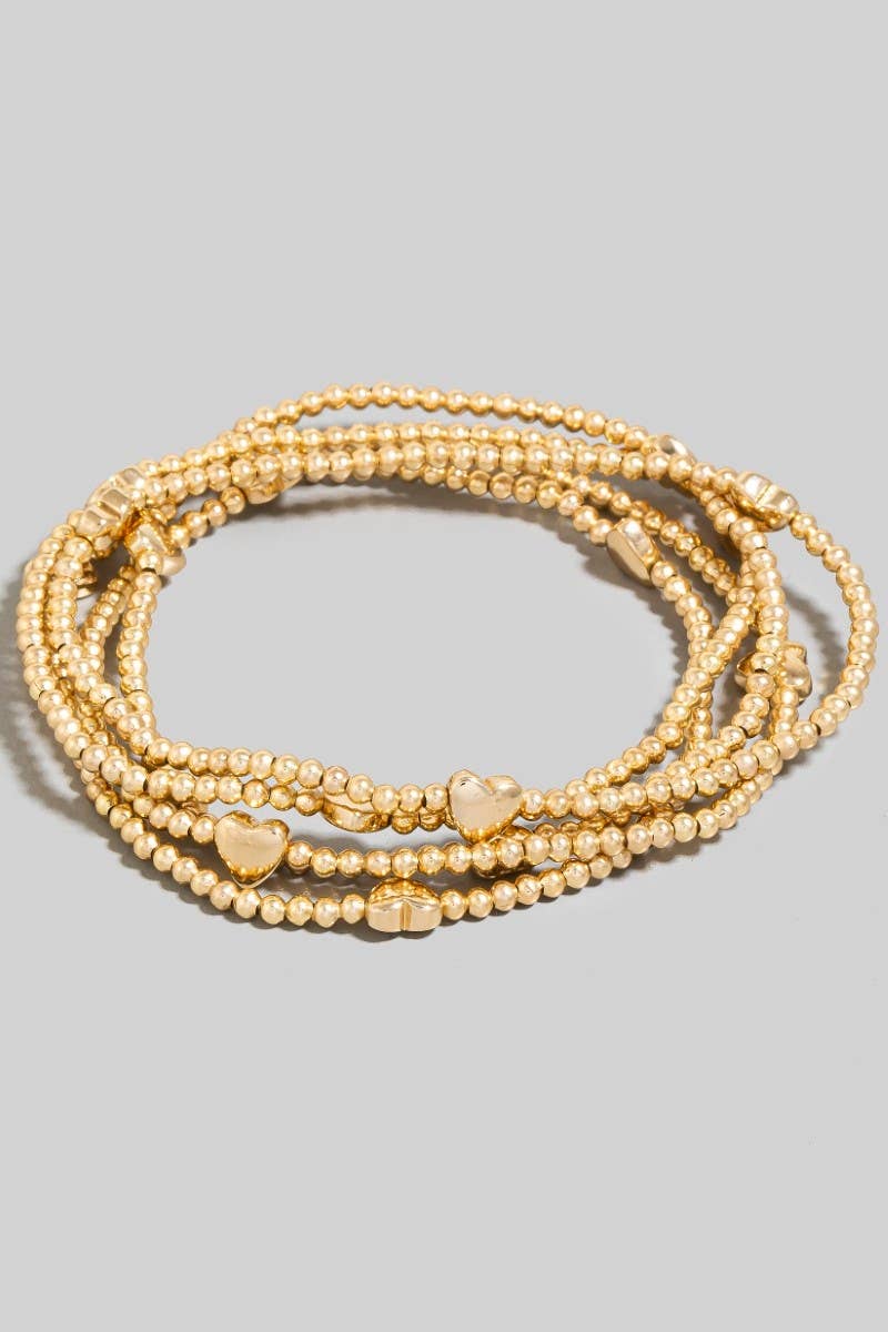 Metallic Heart Charms Beaded Bracelet Set: Gold