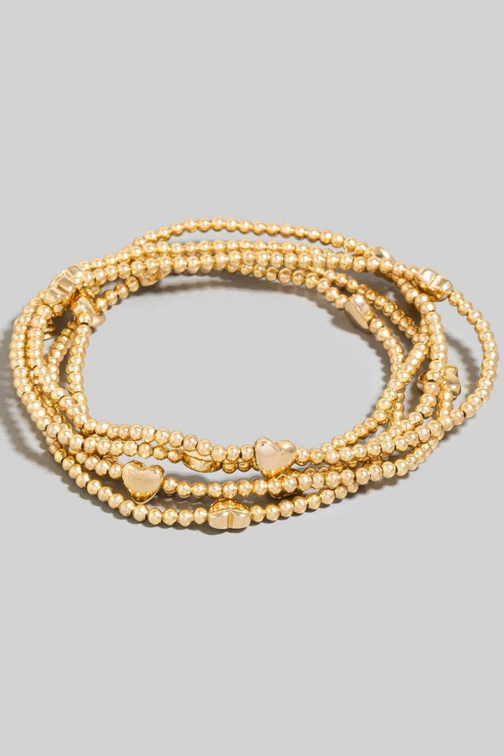 Metallic Heart Charms Beaded Bracelet Set: Gold