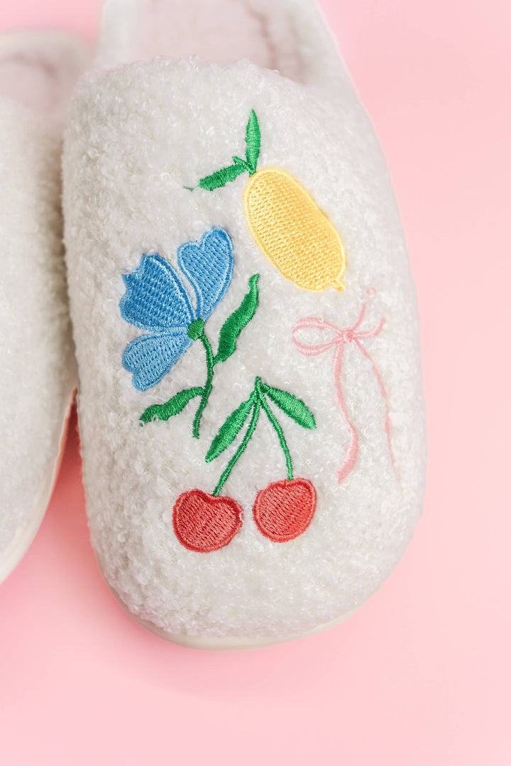 Fuzzy Plush Slippers with Fruit Cocktail Embroidery: Large