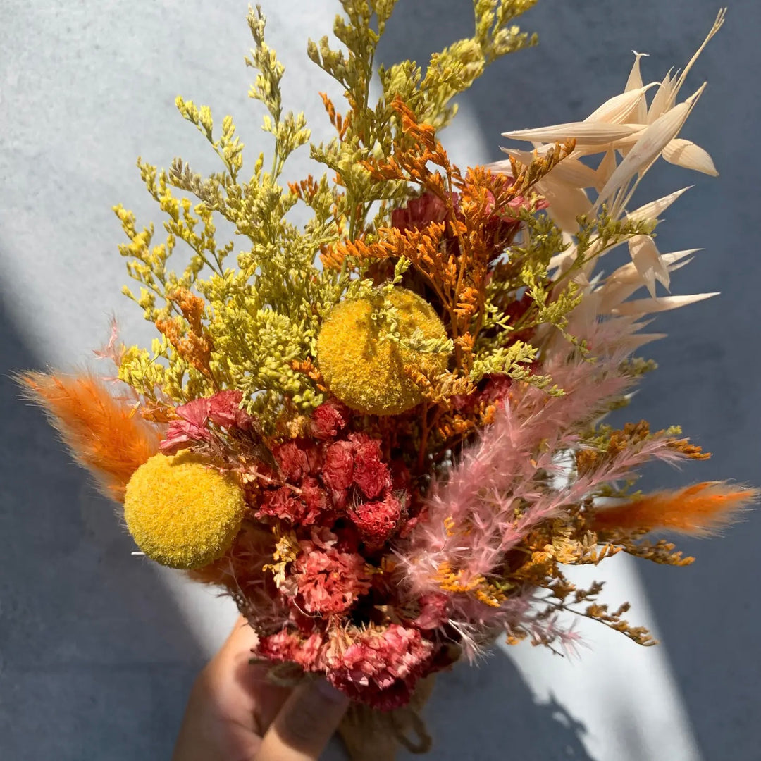 Assorted Vibrant Dried Flowers Burlap Bouquet