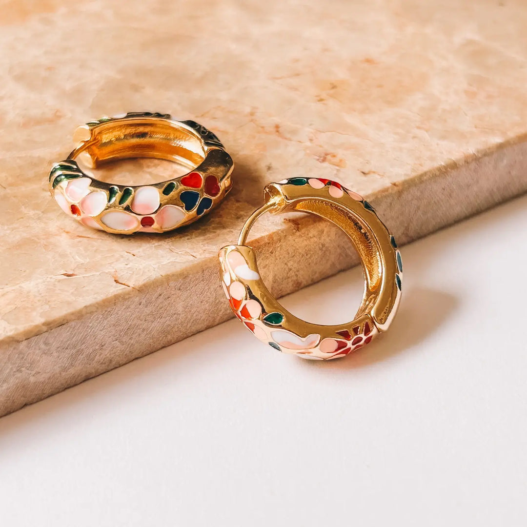 Cloisonné Gold Enamel Flower Hoops - Gold