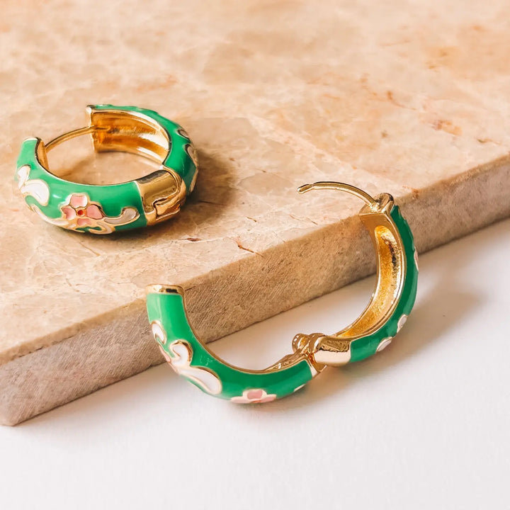 Cloisonné Gold Enamel Flower Hoops - Green