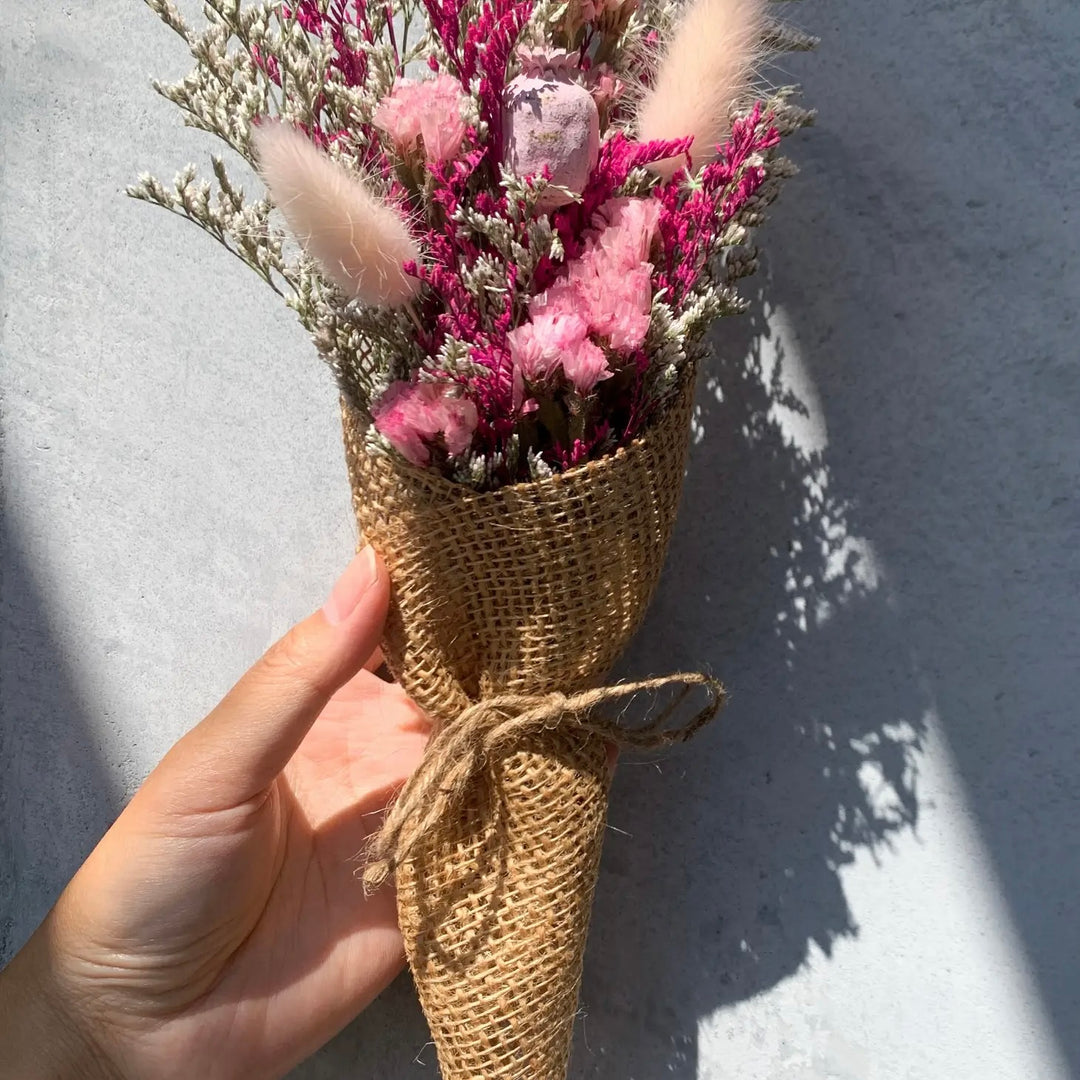 Assorted Vibrant Dried Flowers Burlap Bouquet