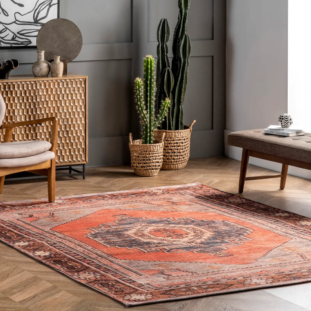 4 x 6 Orange Kamila Printed Tribal Medallion Flatweave