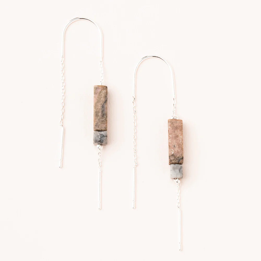 Rectangle Stone Threader Earring - Rhodonite/Black/Silver