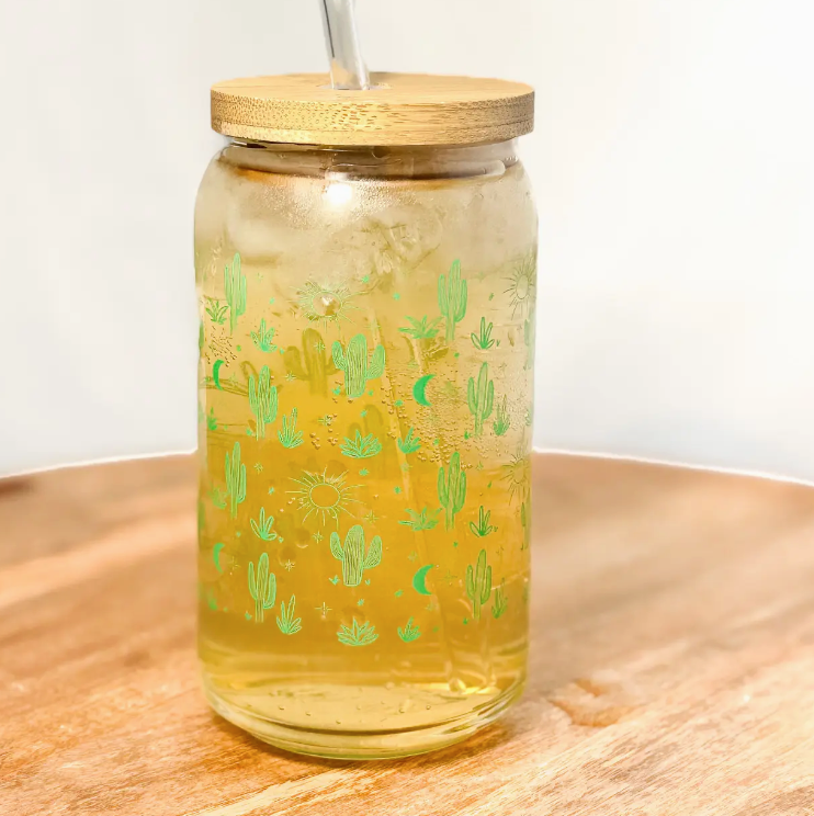 Green Cactus Glass Can with Lid & Straw