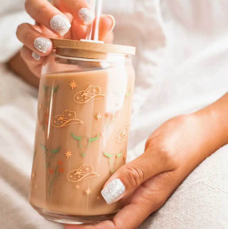 Western Glass Can with Lid and Straw