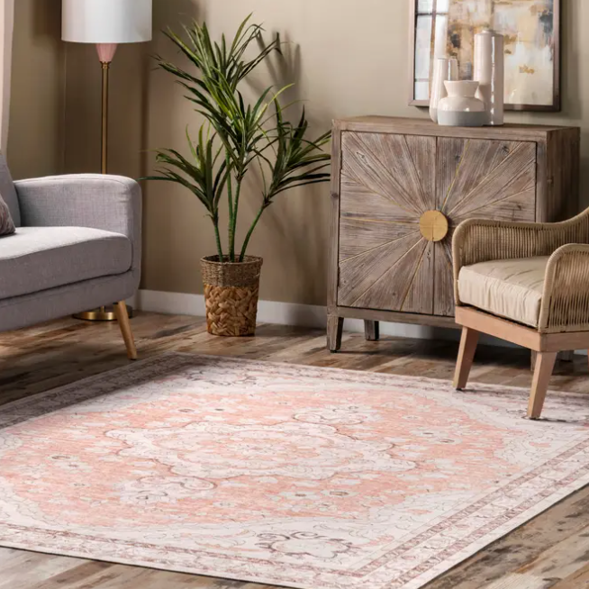 5 x 8 Peach Faded Rosette Washable Area Rug