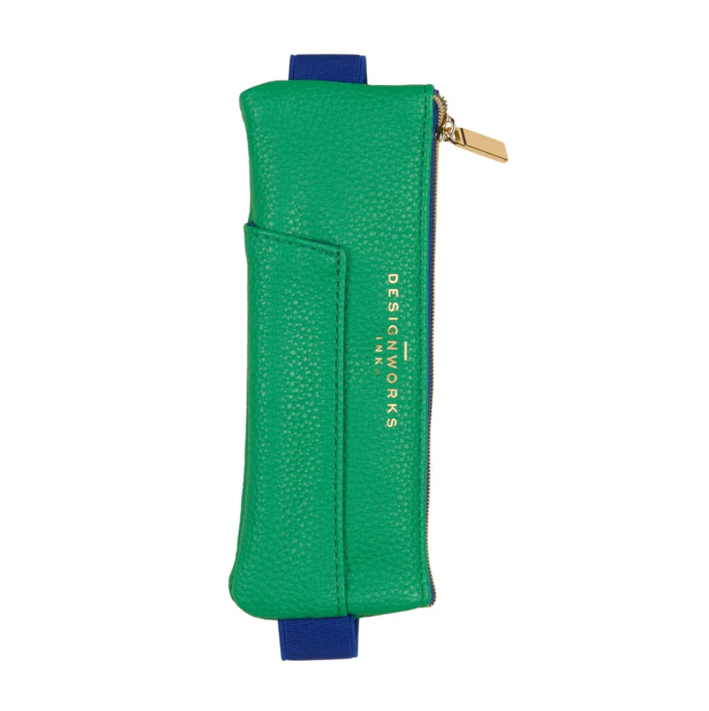 Vegan Leather Pen Pouch - Bright Green + Navy