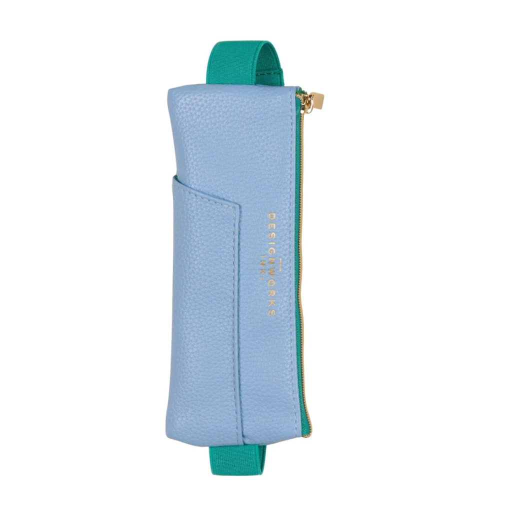 Vegan Leather Pen Pouch - Light Blue + Green