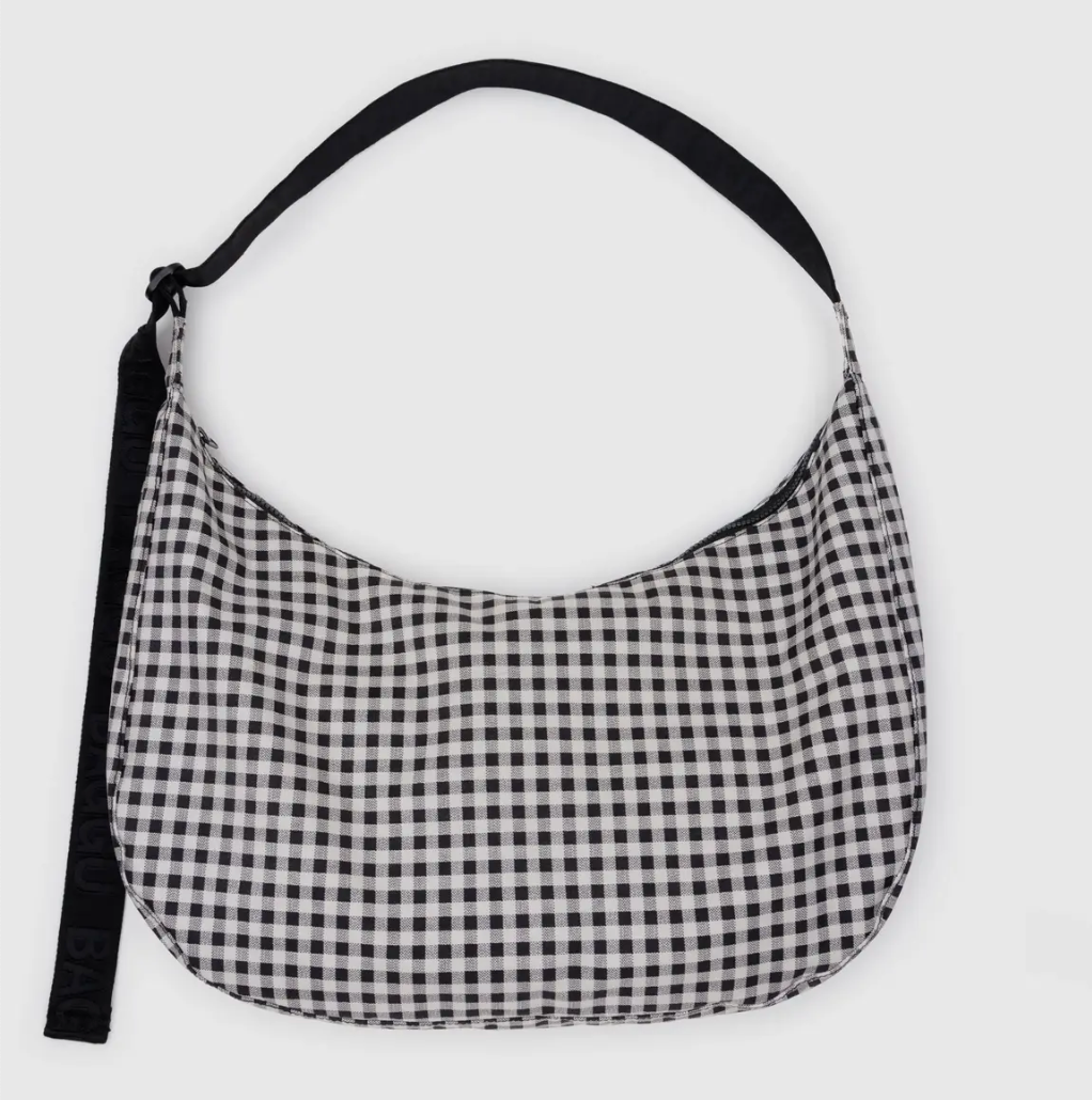 Large Nylon Crescent Bag - Black & White Gingham