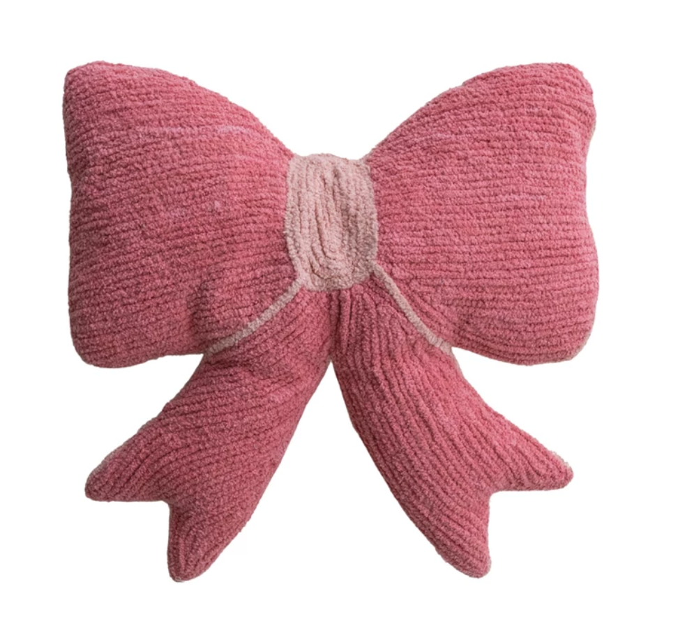 Woven Cotton Chenille Bow Shaped Pillow with Cotton Back, Pink