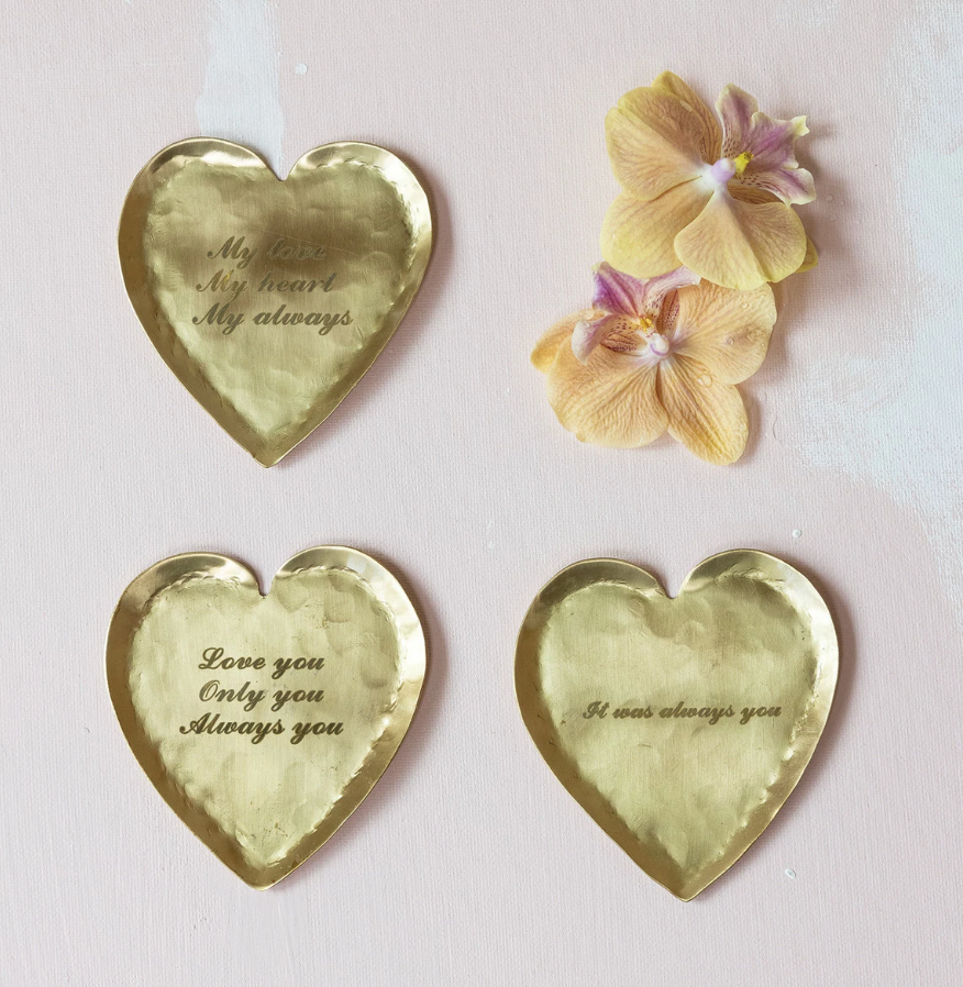 Decorative Hammered Brass Heart Shaped Dish w/ Laser Etched Saying