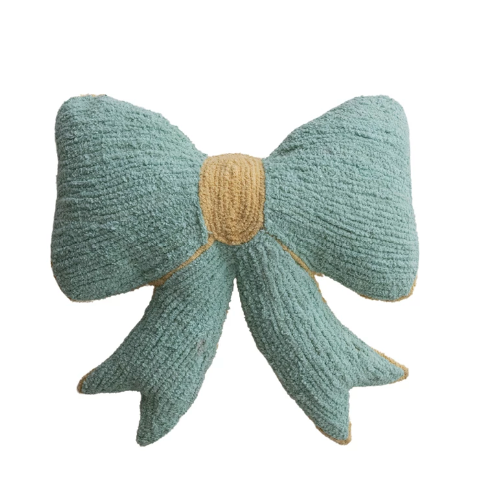 Woven Cotton Chenille Bow Shaped Pillow - Mint & Yellow