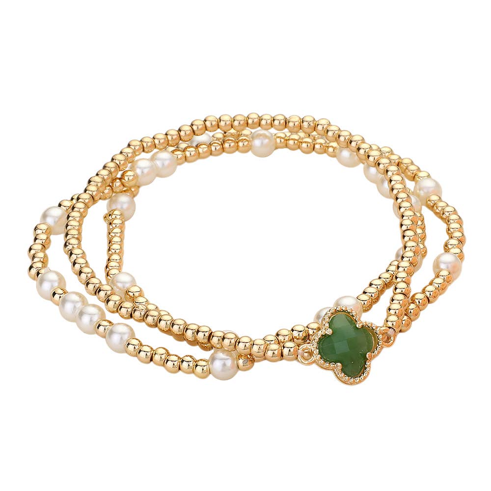 3PCS - Quatrefoil Pearl Metal Ball Beaded Stretch Bracelets: White