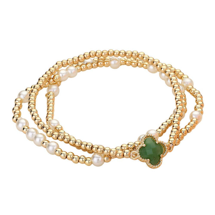 3PCS - Quatrefoil Pearl Metal Ball Beaded Stretch Bracelets: White