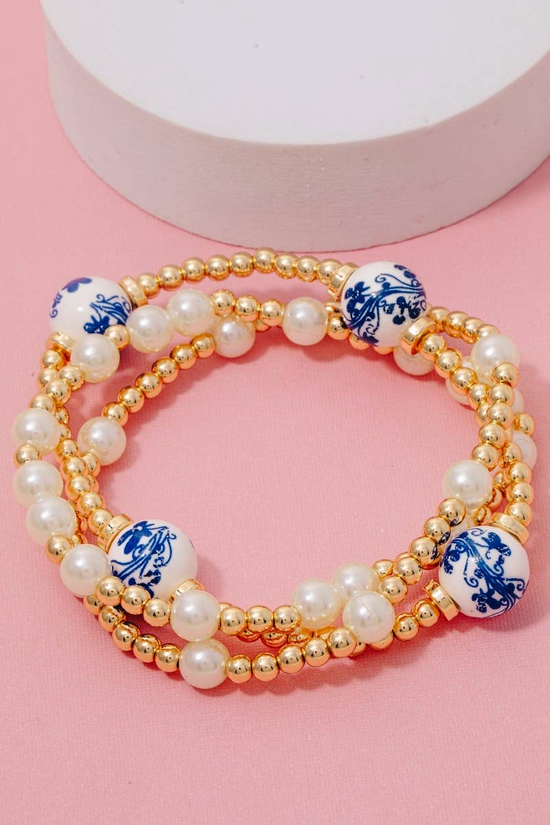 Floral Ceramic And Pearl Beaded Bracelet Set: Gold