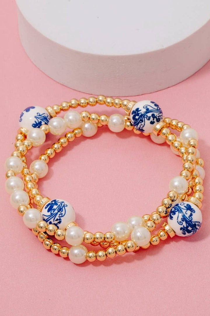 Floral Ceramic And Pearl Beaded Bracelet Set: Gold