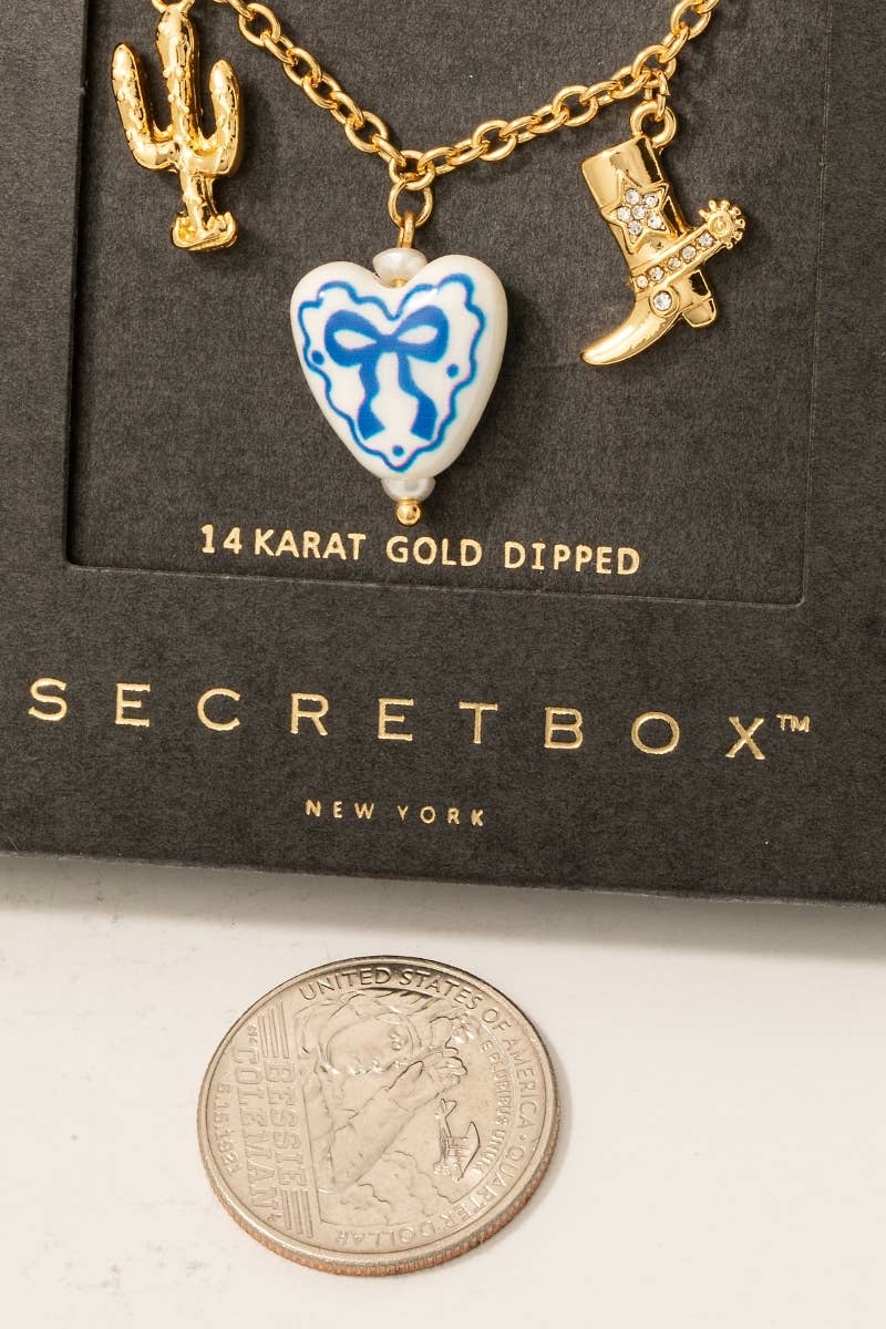 Gold Dipped Ceramic Bow Heart Western Charms Chain Necklace: GD