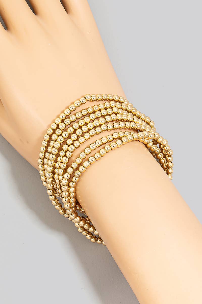 Seven Layered Mini Metallic Beaded Bracelet Set: Gold