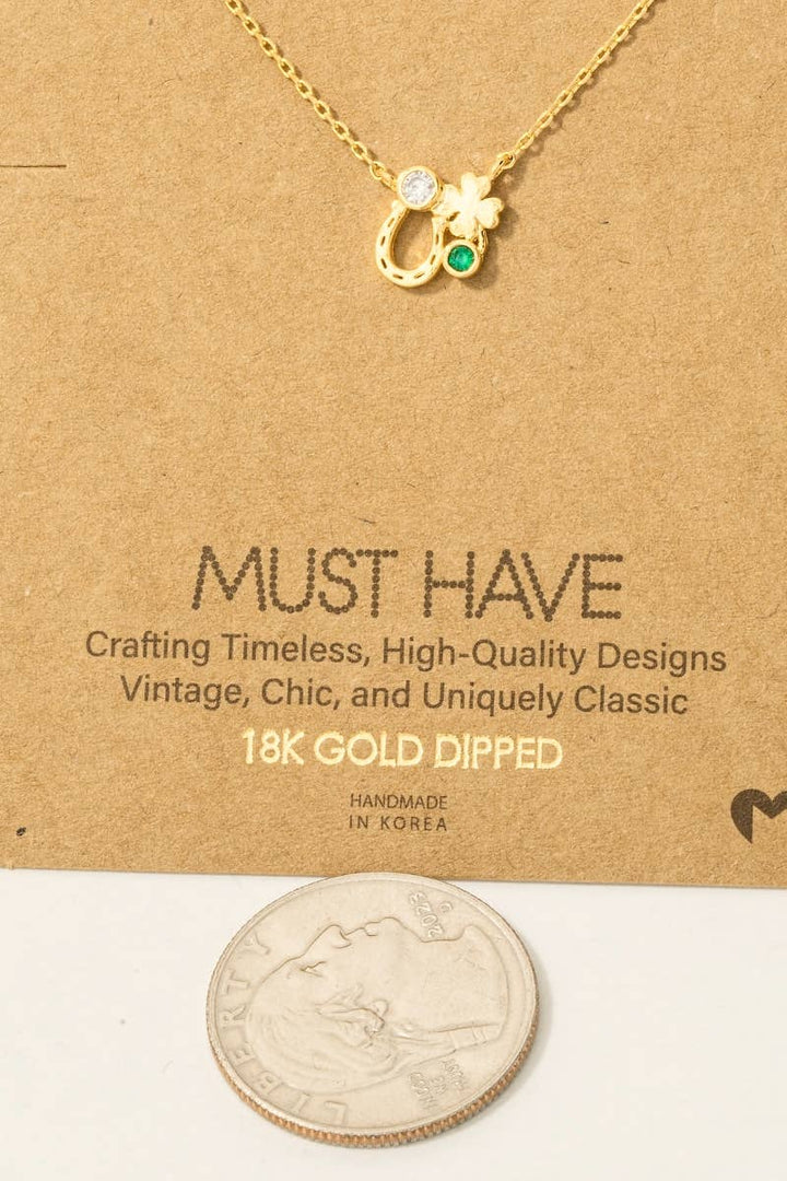Gold Dipped Horseshoe and Clover Pendant Chain Necklace: Silver