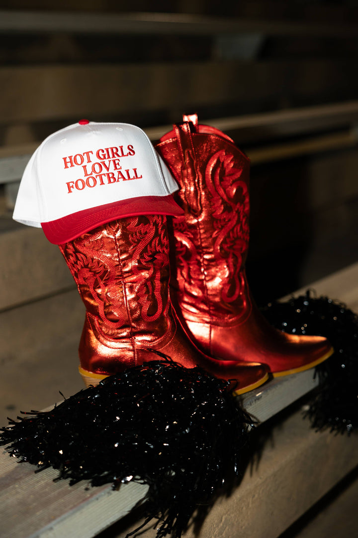 Hot Girls Love Football- Embroidered Hat - Game Day Hat: Red/White- Red Thread