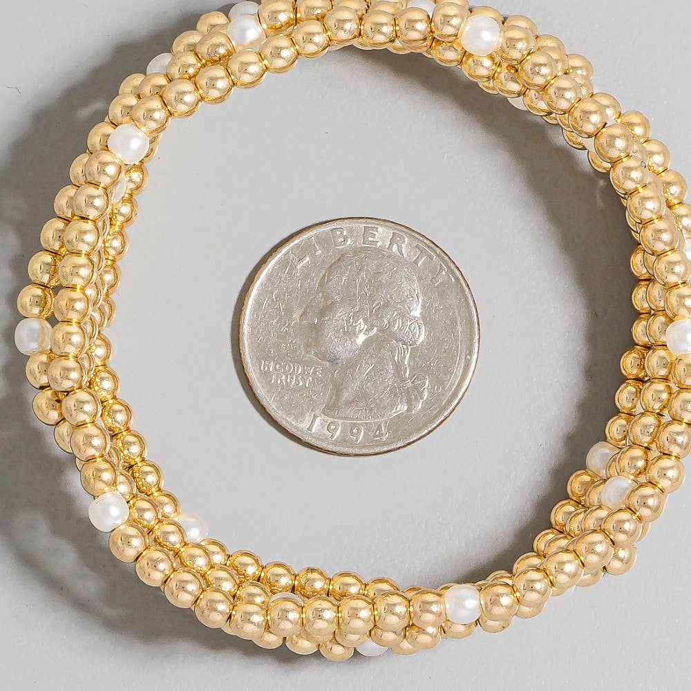 5 Piece Pearl And Metallic Beaded Bracelet Set: Gold