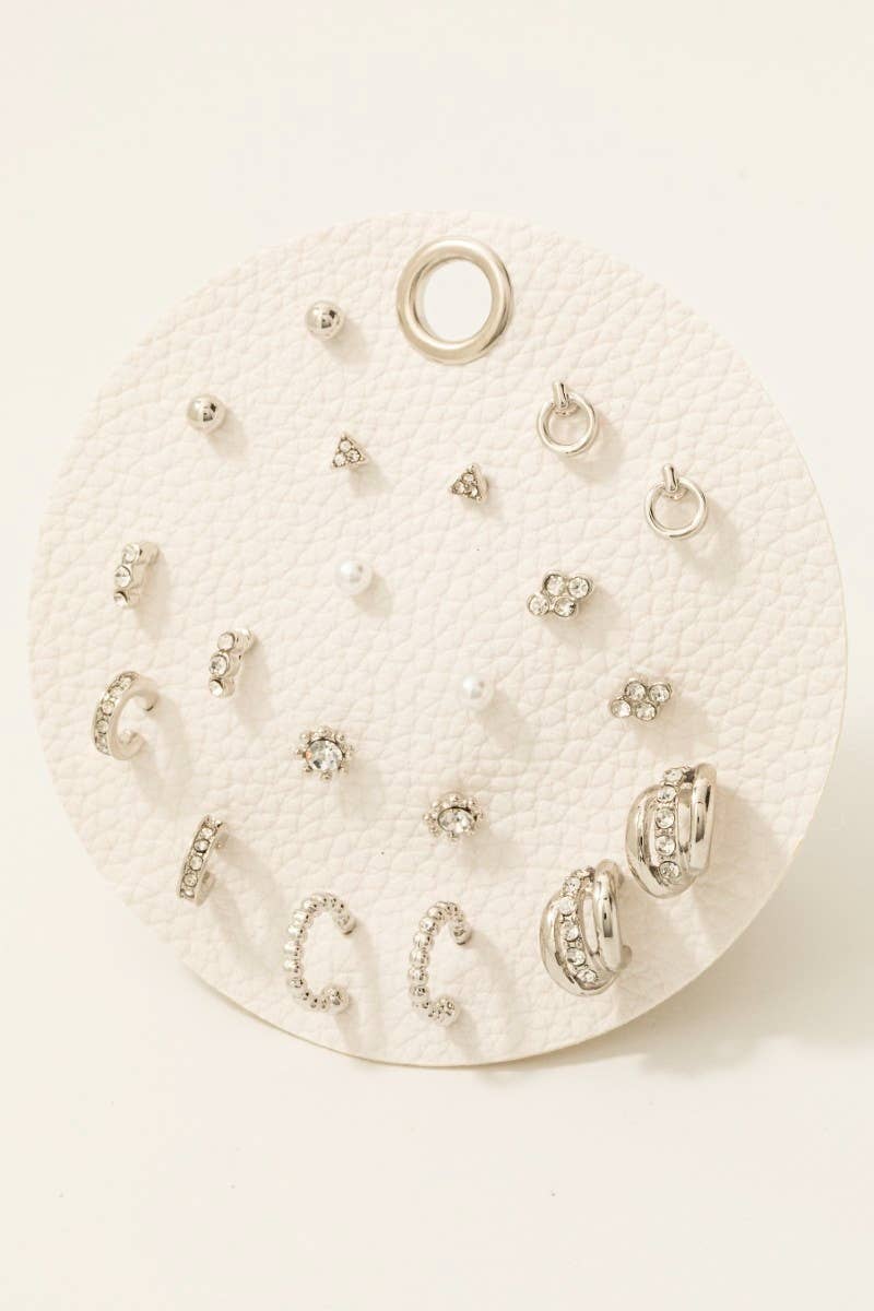 Mixed Pearl And Gem Stud And Hoop Earrings Set: Gold