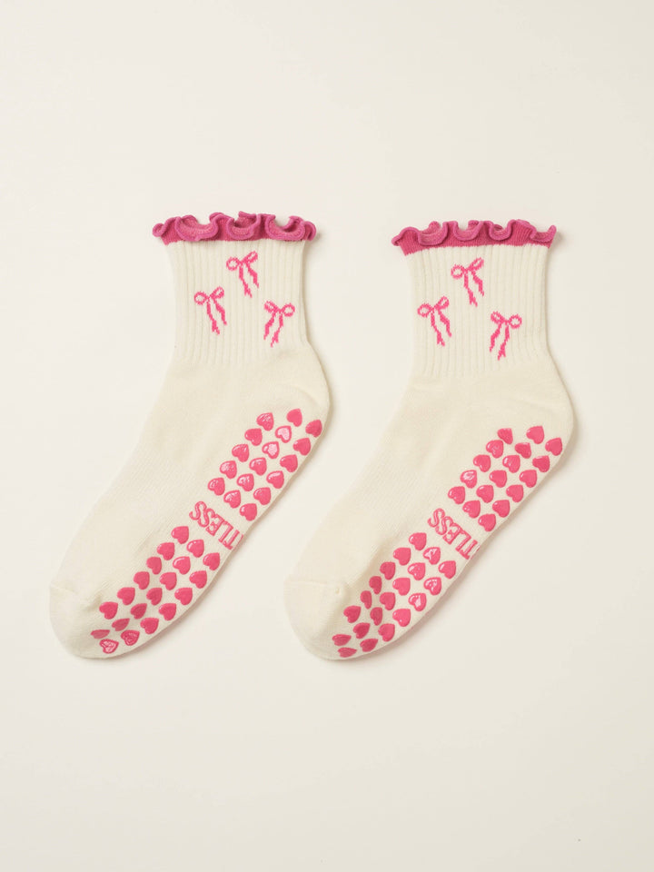 Bow Ruffle Grip Sock: Hot Pink