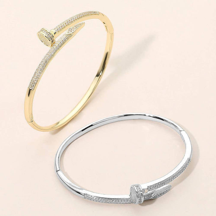 CZ Stone Paved Nailhead Accent Hinged Bangle Bracelet: Rhodium