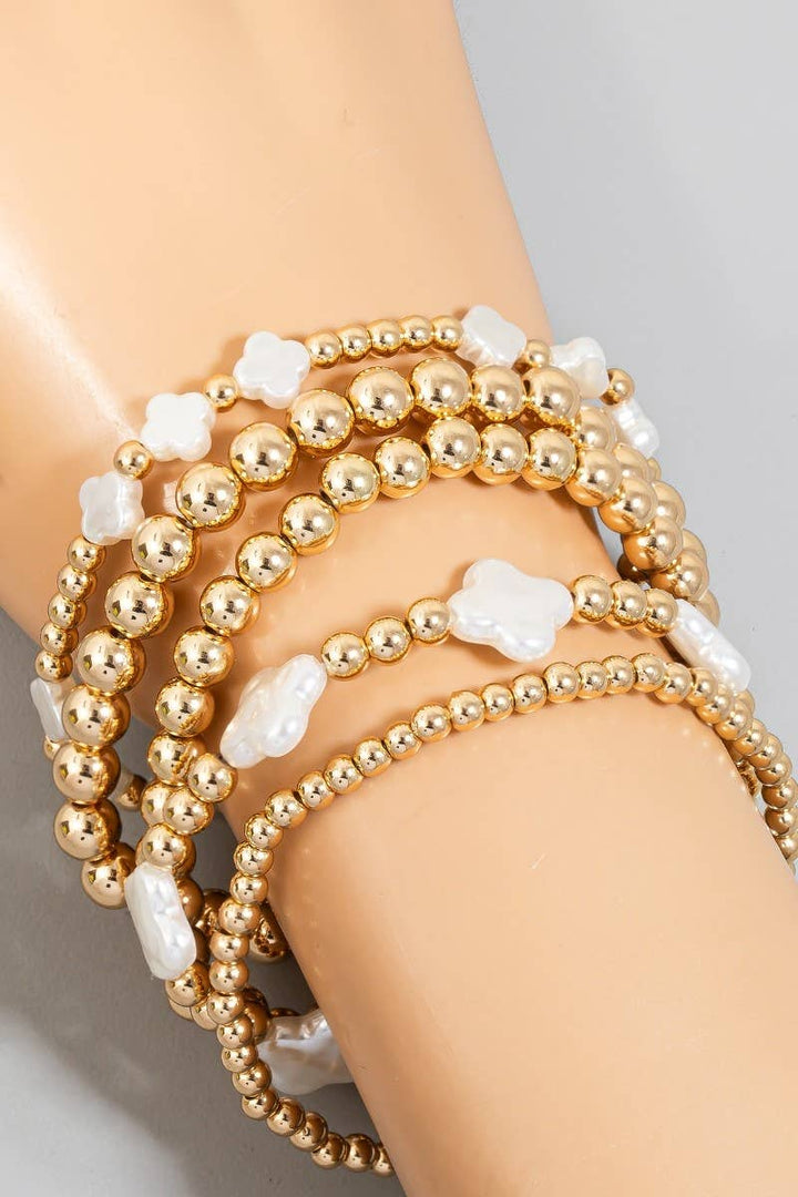 Pearl Clover Charms Metallic Beaded Bracelet Set: Gold