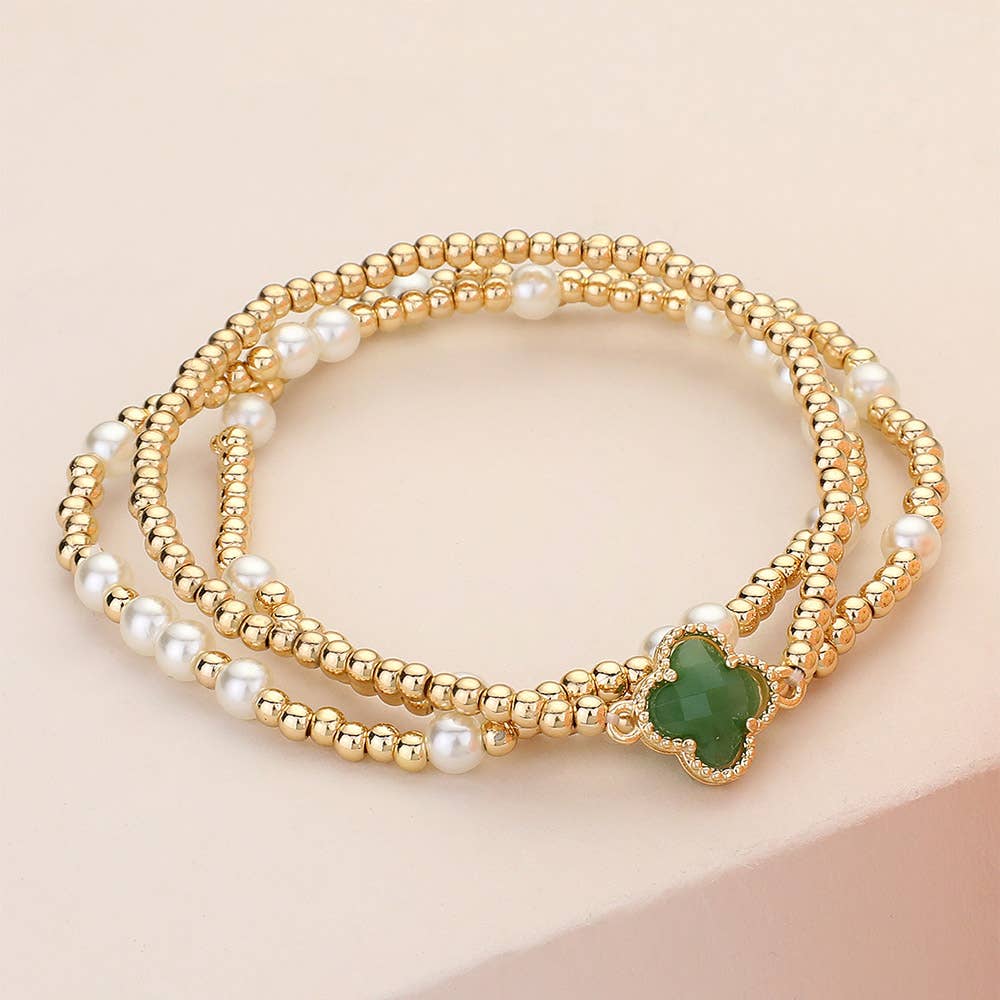 3PCS - Quatrefoil Pearl Metal Ball Beaded Stretch Bracelets: White