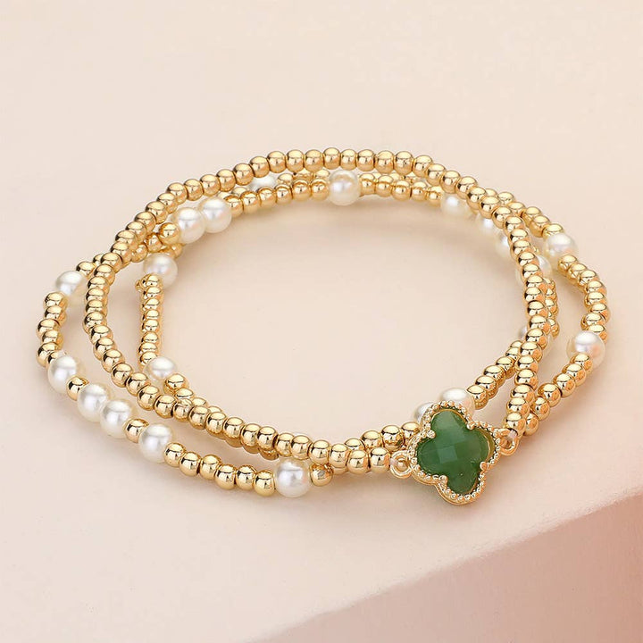 3PCS - Quatrefoil Pearl Metal Ball Beaded Stretch Bracelets: White