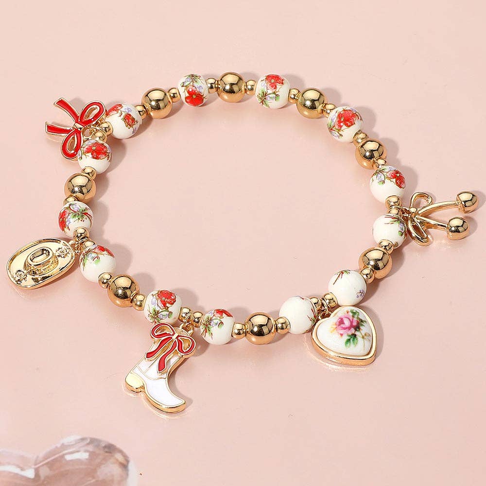 Enamel Bow Western Boot Charm Ceramic Ball Stretch Bracelet: Blue