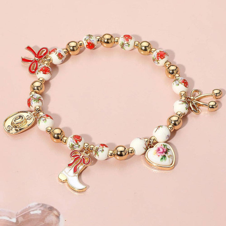 Enamel Bow Western Boot Charm Ceramic Ball Stretch Bracelet: Blue