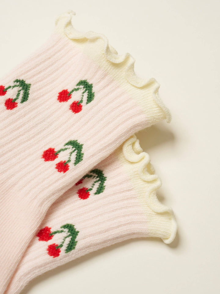 Cherry Ruffle Grip Sock: Baby Pink