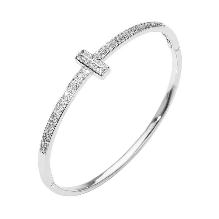 Gold Plated CZ Stone Paved T-bar Hinged Bangle Bracelet: Gold