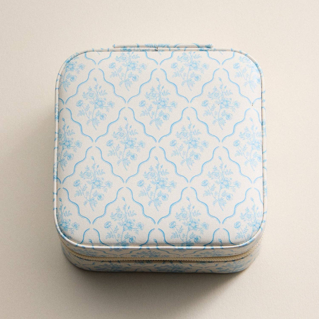 Light Blue Floral Travel Jewelry Case – Compact Jewelry Organizer with Mirror & Ring Slots: LBL / ONE