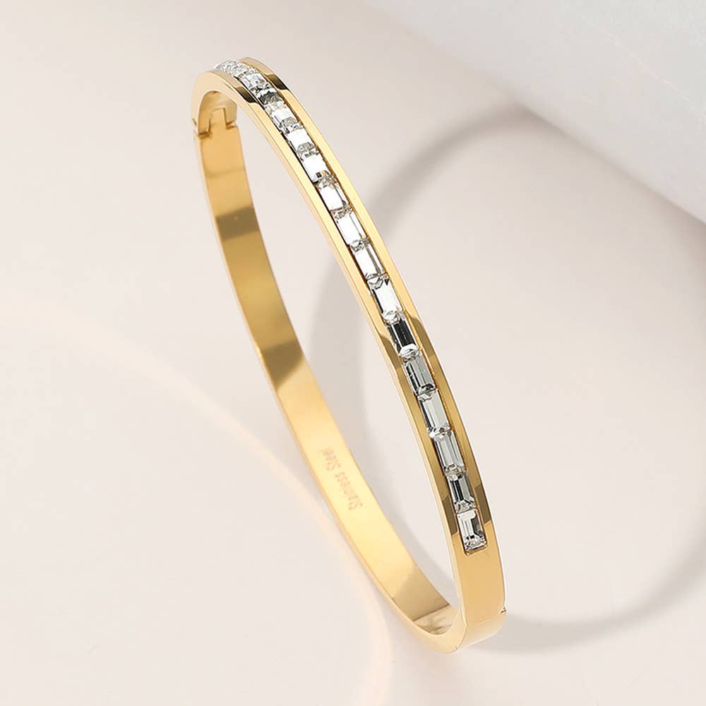 Baguette Stone Paved Hinged Bangle Bracelet: Gold