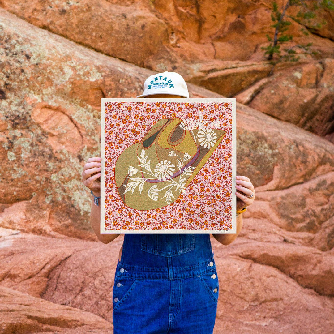 8"x8" Brown and Pink Cowboy Hat Floral Art Print: