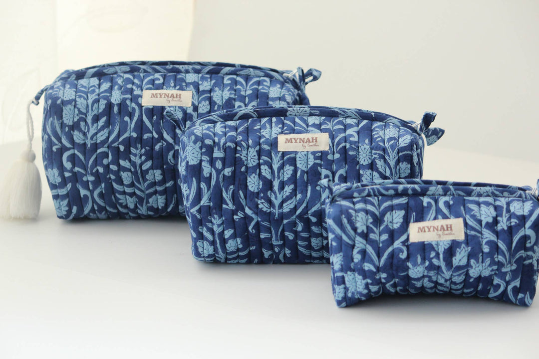 Quilted block print floral travel cosmetic bag