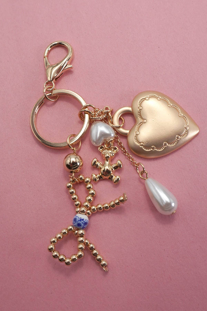 Porcelain Bow Heart Teddy Bear Pearl Bag Charm