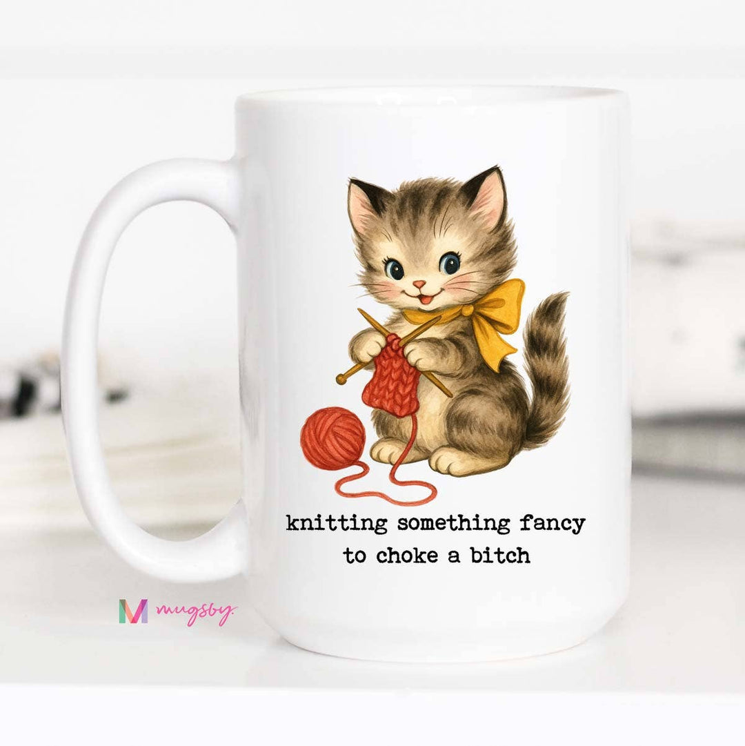 Knitting Something Fancy Funny Cat Mug for Makers: 11oz / Black rim/handle